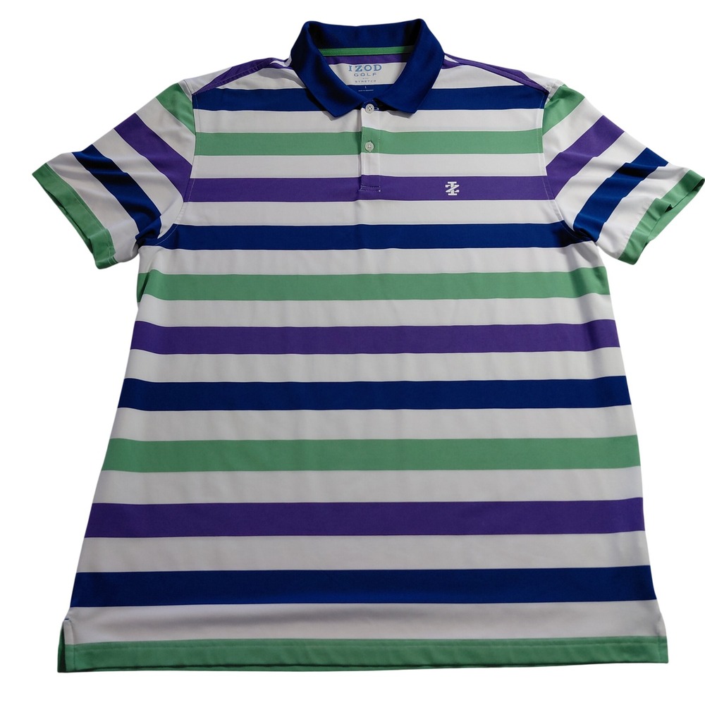 IZOD Golf Mens Large Polo Shirt Blue Green Purple Striped Short Sleeve Stretch